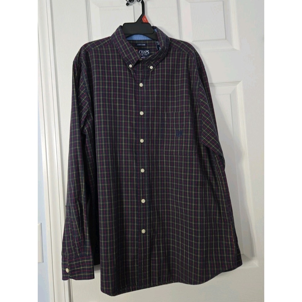 Chaps Shirt Mens Large Easy Care Casual Pocket Button Down Green Plaid Shirt